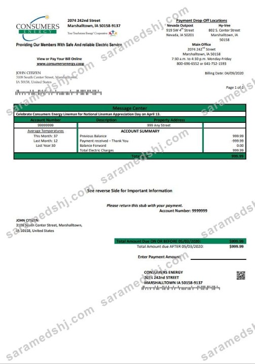 USA Iowa Consumers Energy utility bill template in Word and PDF format